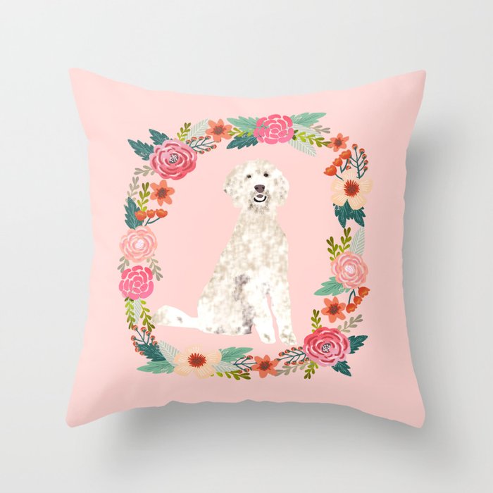 golden doodle dog floral wreath dog gifts pet portraits Throw Pillow
