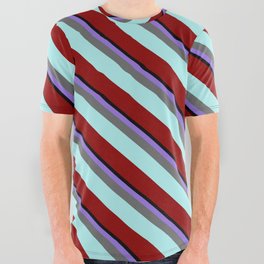[ Thumbnail: Eye-catching Purple, Dim Gray, Turquoise, Dark Red, and Black Colored Lined Pattern All Over Graphic Tee ]