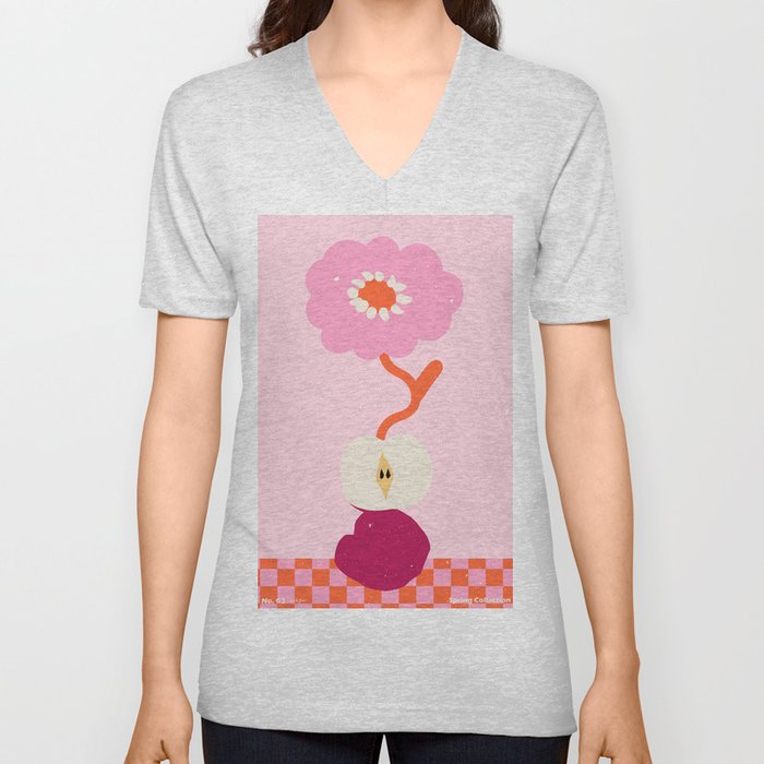 Pink abstract flower and apple. Groovy vibes and retro style V Neck T Shirt