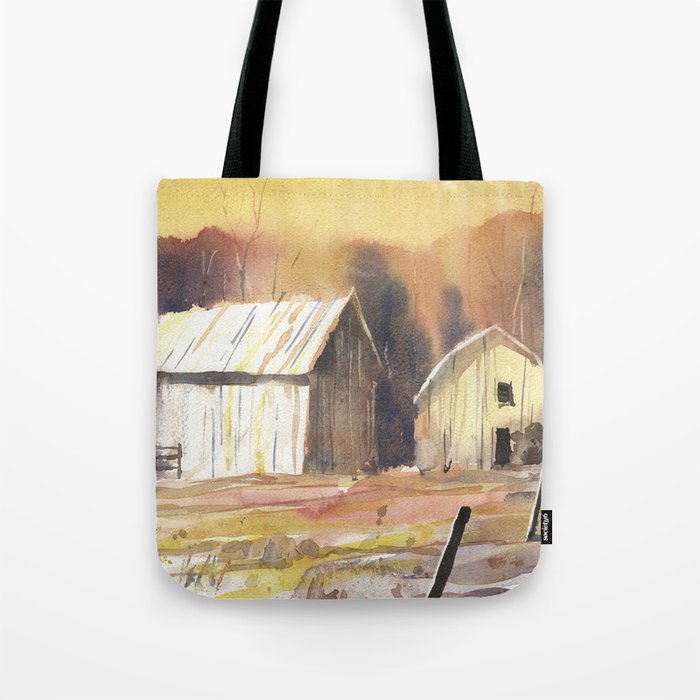 Weathered barns in field colorful watercolor painting.  Barn landscape painting watercolor Tote Bag