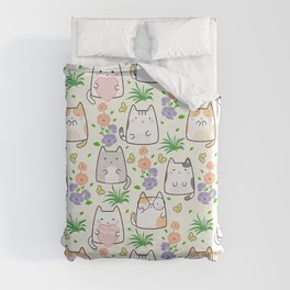 Seamless Pattern Cute Kawaii Cats Flowers Butterflies Duvet Cover