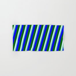 [ Thumbnail: Colorful Sky Blue, Mint Cream, Aquamarine, Blue & Dark Green Colored Striped/Lined Pattern Hand & Bath Towel ]