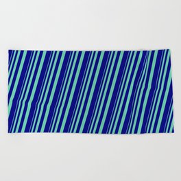 [ Thumbnail: Aquamarine and Blue Colored Stripes/Lines Pattern Beach Towel ]