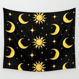 Sun,half moon,stars,cosmic art,celestial,black background  Wall Tapestry