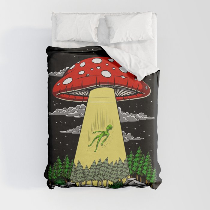 Alien Abduction Magic Mushrooms Psychedelic UFO Duvet Cover