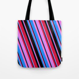 [ Thumbnail: Crimson, Violet, Blue & Black Colored Lines/Stripes Pattern Tote Bag ]