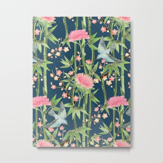 Bamboo, Birds and Blossom - dark teal Metal Print
