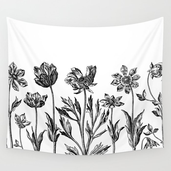 Historic Flower Drawings Black And White Wall Tapestry