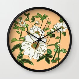 White flowers on light orange  Wall Clock