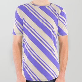 [ Thumbnail: Medium Slate Blue and Beige Colored Lines/Stripes Pattern All Over Graphic Tee ]