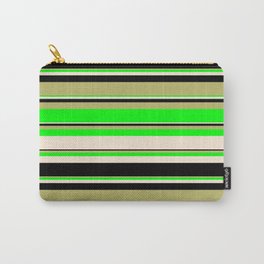 [ Thumbnail: Dark Khaki, Lime, Beige, and Black Colored Striped Pattern Carry-All Pouch ]