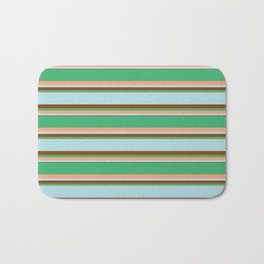[ Thumbnail: Sea Green, Light Salmon, Powder Blue, and Brown Colored Striped/Lined Pattern Bath Mat ]