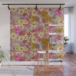 Flower Power Bold Multicolored Pink Orange Yellow Purple with Black Outlines Botanical Pattern Wall Mural