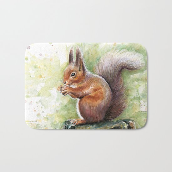 Squirrel and Nut Forest Animals Watercolor Bath Mat