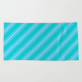[ Thumbnail: Dark Turquoise and Light Sky Blue Colored Lined/Striped Pattern Beach Towel ]