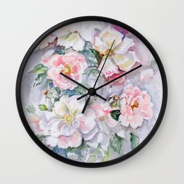 White Wild Roses Watercolor painting White Pink Rose Flower Bouquet Wedding decor Wall Clock