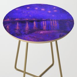 Starry Night Over the Rhone landscape painting by Vincent van Gogh in alternate midnight blue with pink stars Side Table