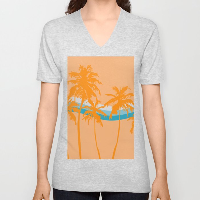 Orange Retro Minimalistic Vintage Palm Tree Design  V Neck T Shirt