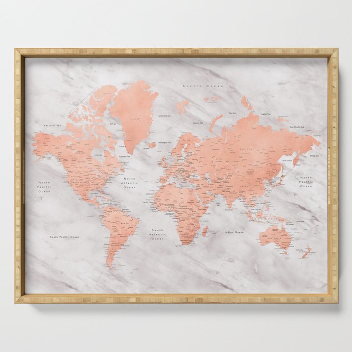 Rose gold and marble world map with cities, "Janine" Serving Tray