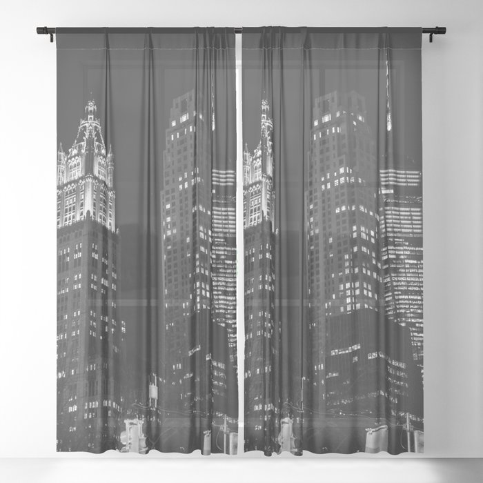 New York City Night Photography | Black and White Skyscrapers Sheer Curtain