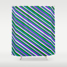 [ Thumbnail: Purple, Lavender, Green, and Dark Cyan Colored Striped/Lined Pattern Shower Curtain ]