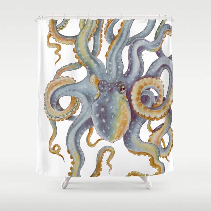 Octopus Tentacles Steel Blue Watercolor Art Shower Curtain