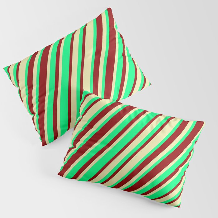 Green, Dark Red & Pale Goldenrod Colored Stripes Pattern Pillow Sham