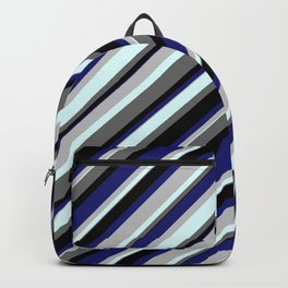 [ Thumbnail: Vibrant Grey, Light Cyan, Dim Grey, Black, and Midnight Blue Colored Striped/Lined Pattern Backpack ]