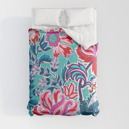 Bohemian Floral Paisley in Turquoise, Red and Pink Comforter