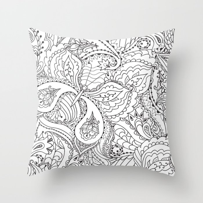BUTTERFLY ON FLORAL BACKGOUND IN BLACK AND WHITE. Throw Pillow