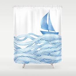 Blue sailboat, watercolor nautical ocean waves sea Shower Curtain