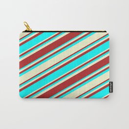 [ Thumbnail: Red, Cyan, and Light Yellow Colored Stripes Pattern Carry-All Pouch ]