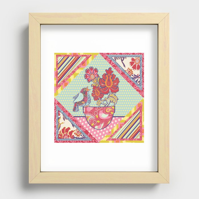 Spring Friends Quilt Block -Bird and Flowers Patchwork - Folk Art Recessed Framed Print