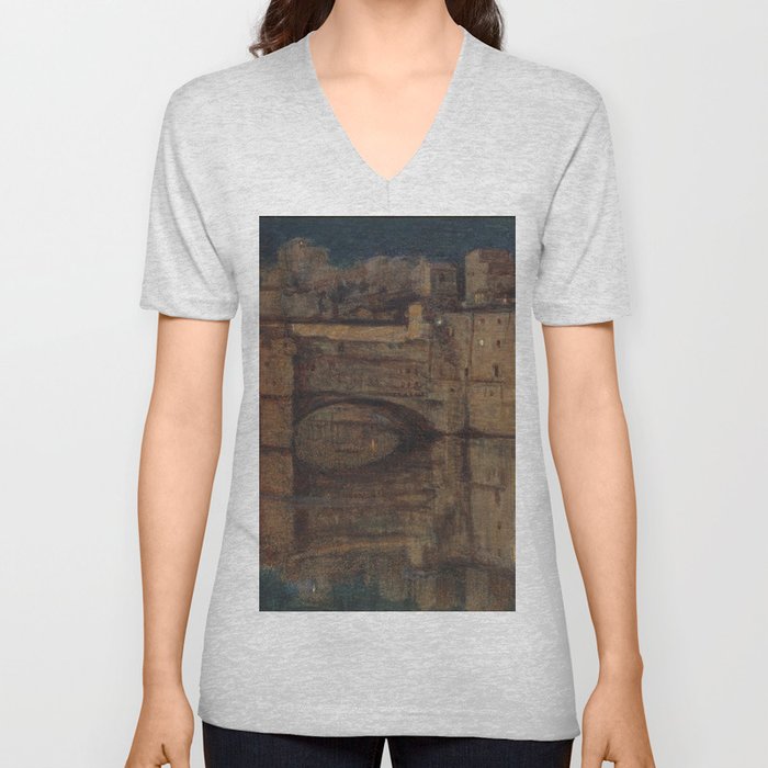 Florence, Italy nightscape city lights reflected River Arno at The Ponte-Vecchio bridge Tuscany landscape painting by William Holman Hunt V Neck T Shirt
