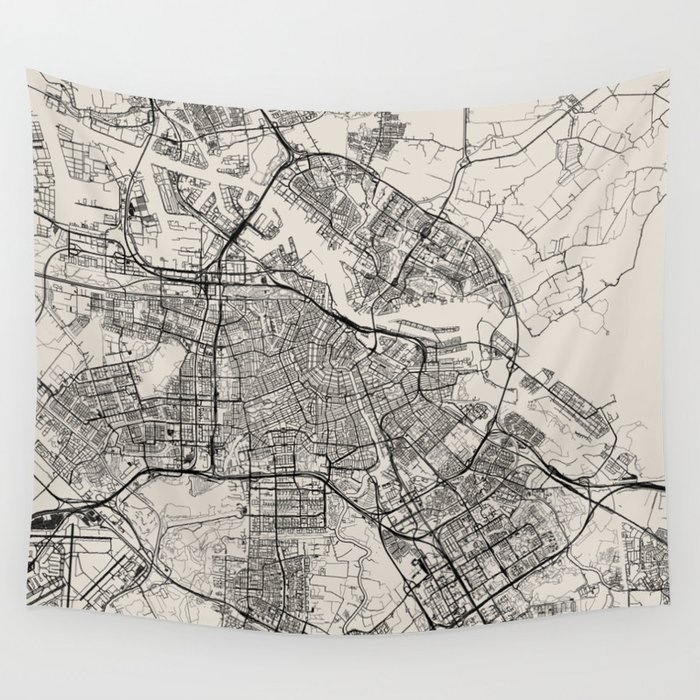 Amsterdam, Netherlands - City Map, Black and White Aesthetic Wall Tapestry