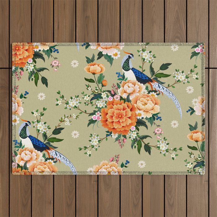 Beautiful seamless pattern with diamond pheasant sitting on peony branch with blooming sakura, plum and daisies, summer dress in Chinese style Outdoor Rug