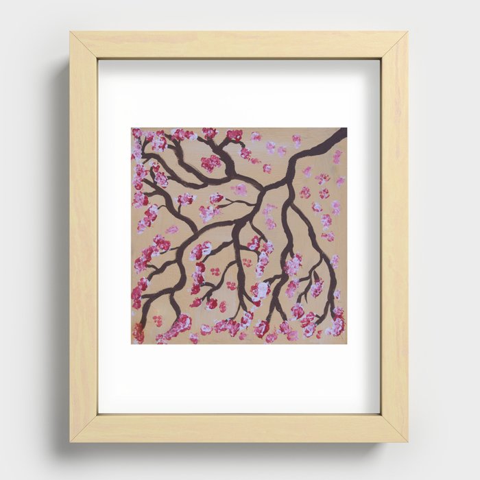 Pink cherry tree branch art on yellow background Recessed Framed Print