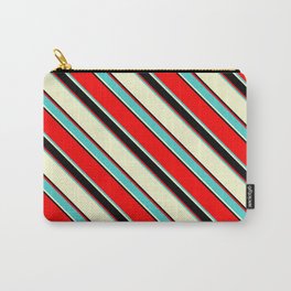 [ Thumbnail: Red, Turquoise, Light Yellow & Black Colored Lined/Striped Pattern Carry-All Pouch ]