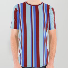 [ Thumbnail: Royal Blue, Maroon, and Light Blue Colored Lines Pattern All Over Graphic Tee ]
