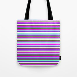 [ Thumbnail: Vibrant Aquamarine, Purple, Beige, Dark Olive Green & Fuchsia Colored Stripes Pattern Tote Bag ]