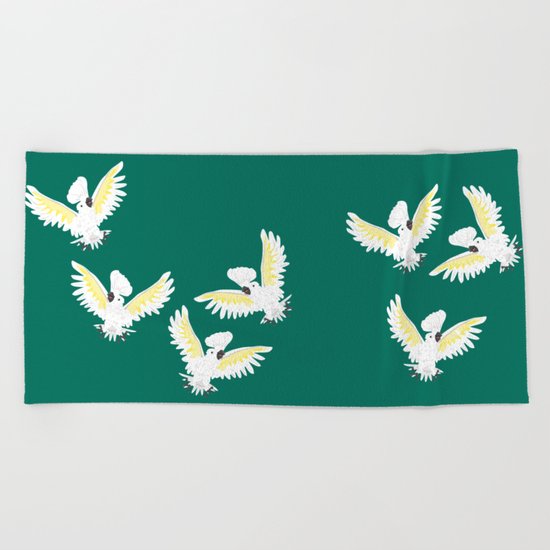 cockatoos flock, jungle green Beach Towel