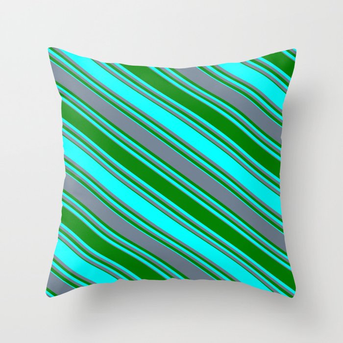 Slate Gray, Green & Cyan Colored Stripes/Lines Pattern Throw Pillow