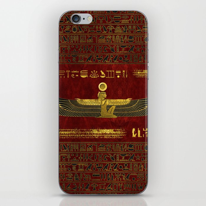 Golden Egyptian God Ornament on red leather iPhone Skin
