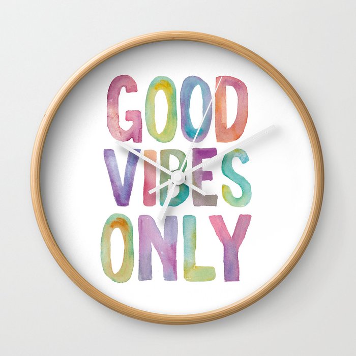 Good Vibes Only Watercolor Rainbow Typography Poster Inspirational childrens room nursery Wall Clock