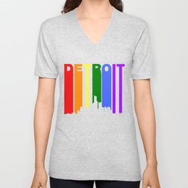 Detroit Michigan Gay Pride Rainbow Skyline V Neck T Shirt