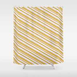 [ Thumbnail: Goldenrod & Lavender Colored Lined/Striped Pattern Shower Curtain ]