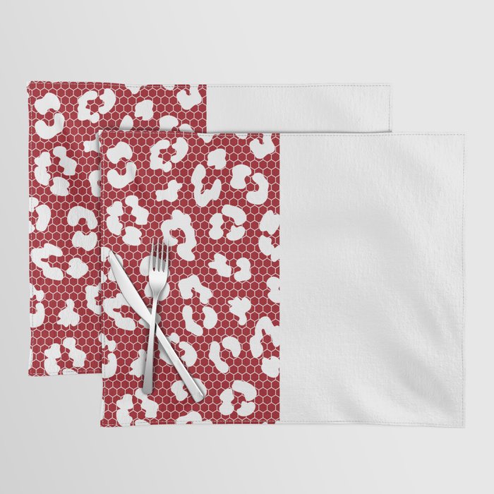 White Leopard Print Lace Vertical Split on Dark Red Placemat