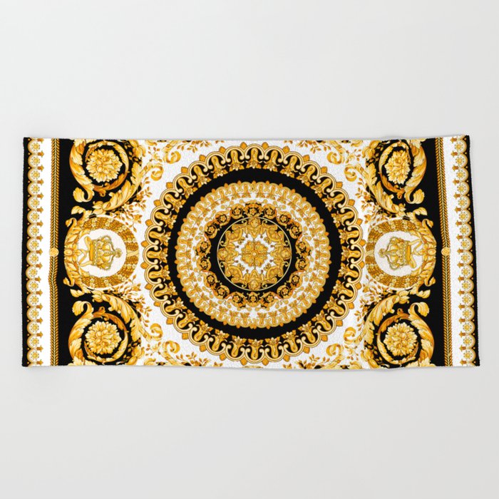 Vintage baroque illustration pattern, antique elements with golden frame on black background. Luxury victorian floral golden elements in a circle and greek lines. Beach Towel