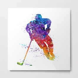 Boy Ice Hockey Colorful Watercolor Artwork Metal Print
