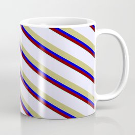 [ Thumbnail: Lavender, Dark Khaki, Blue, Maroon, and Aquamarine Colored Striped/Lined Pattern Coffee Mug ]